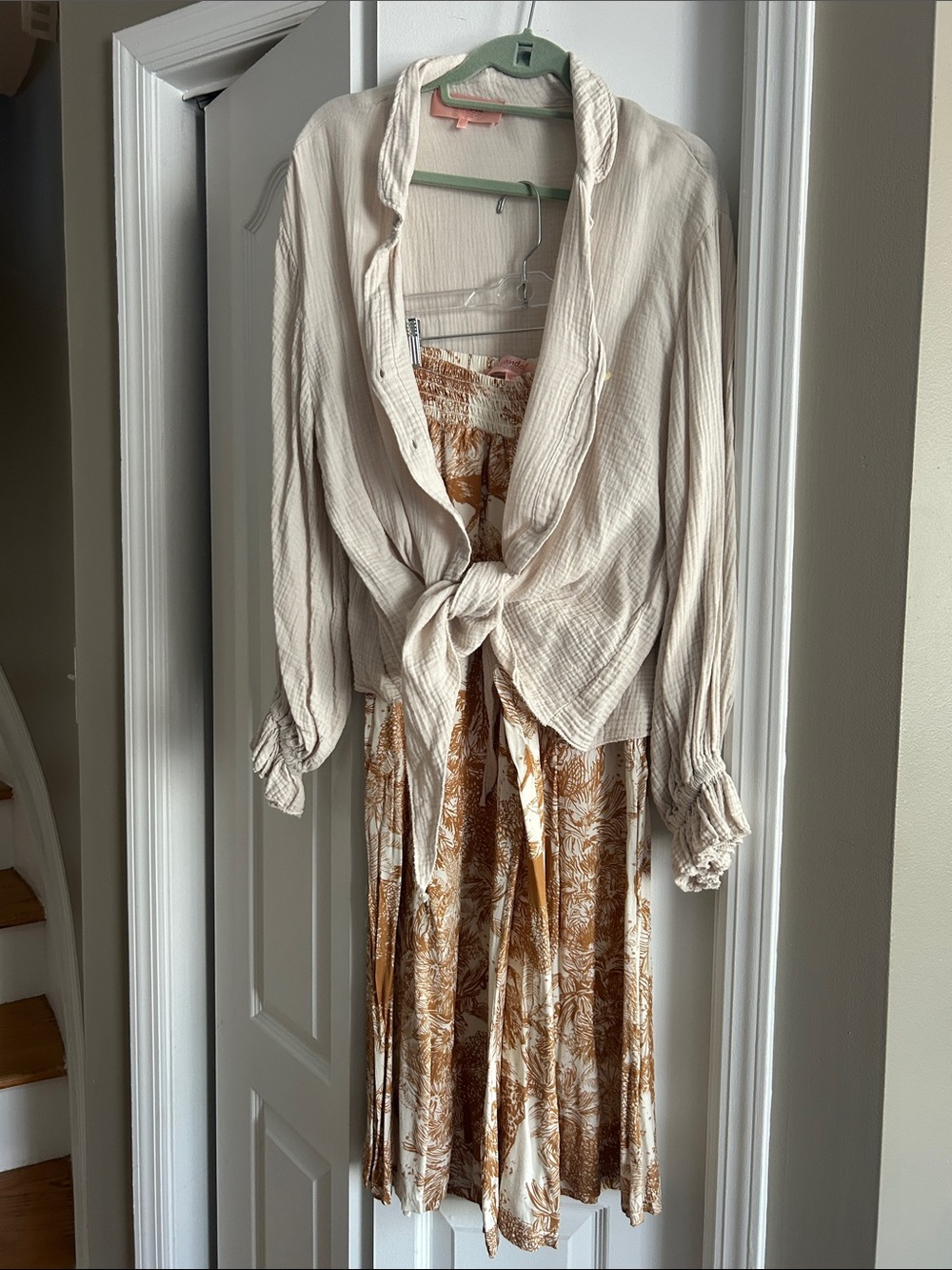 Cream Tie-Front Blouse with Tan Floral Wide-Leg Jumpsuit